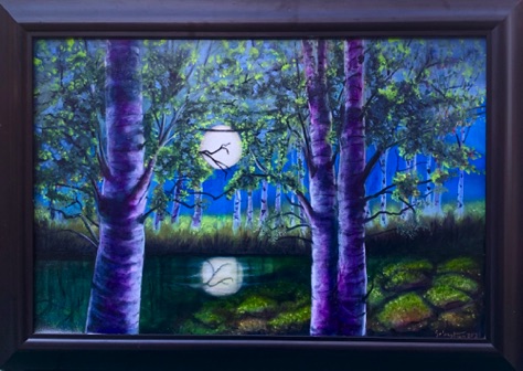 Birches in the Moonlight, Oil on canvas, 24h x 36w, $870
